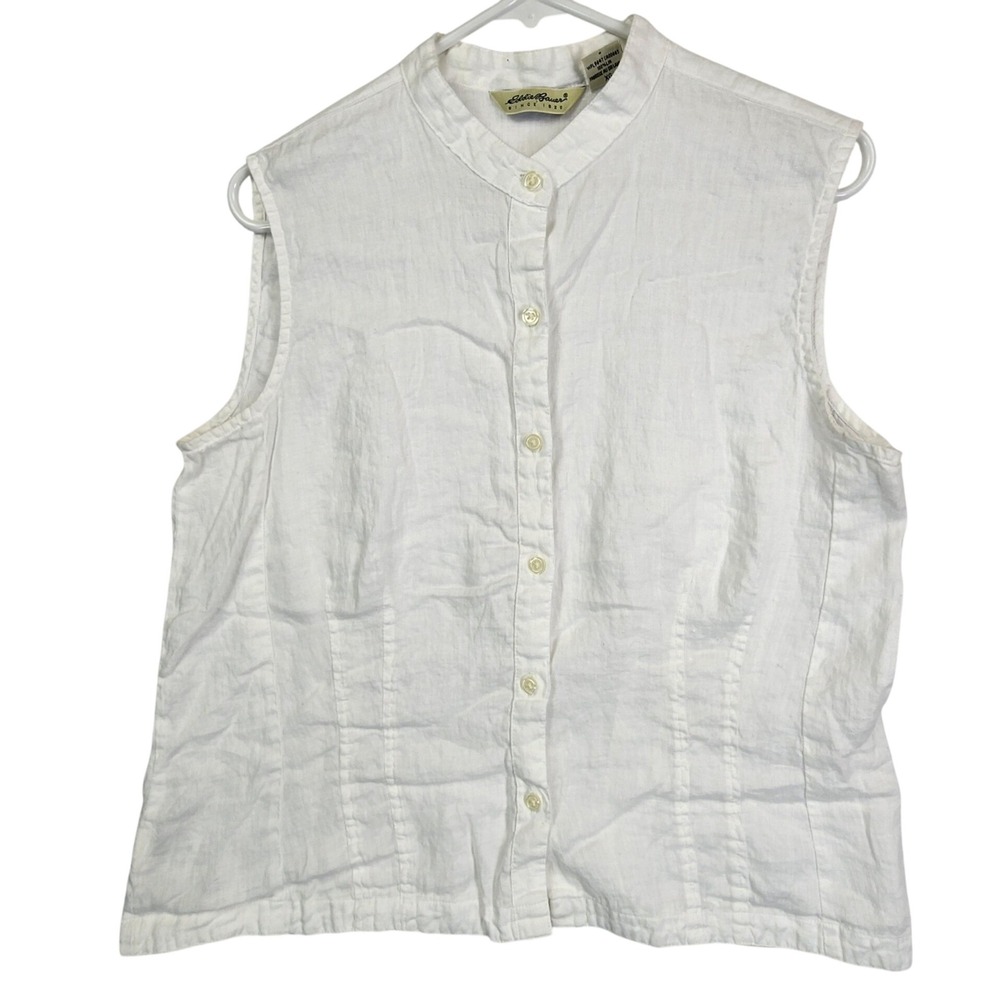 Eddie‎ Bauer White Linen Sleeveless Button Up Shirt XL Coastal Lagenlook Summer
